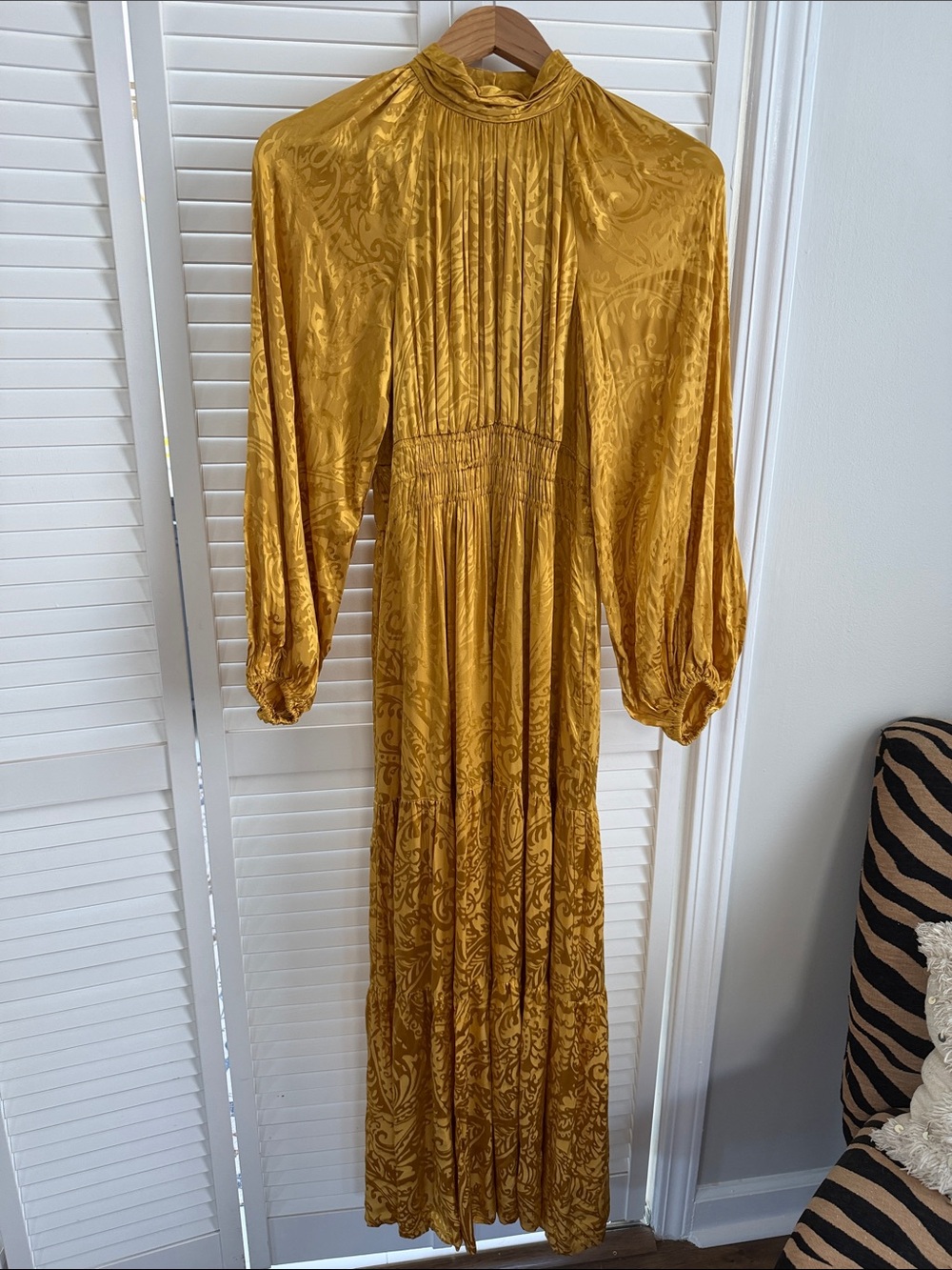 Anthropologie Mustard Gold Jacquard High-Neck Maxi Dress